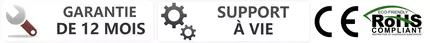 Garantie de 12 mois, assistance à vie, icônes CE et RoHS
