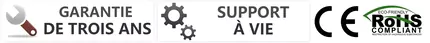 Garantie de trois ans, assistance à vie, icônes CE et RoHS